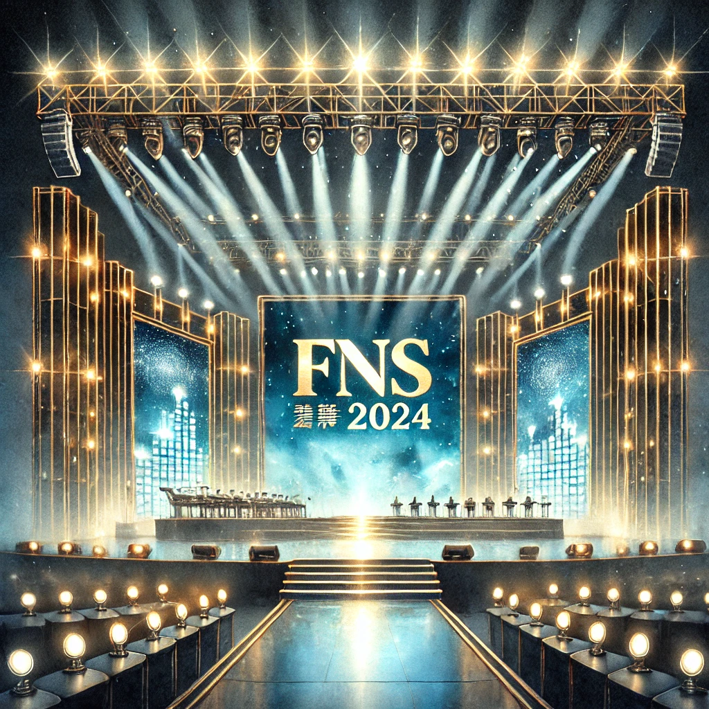 FNS歌謡祭2024冬 - 開演前のステージ: イベントのロゴが表示された大きなスクリーンと華やかな照明が特徴のステージを描いた水彩イラストで、期待感と優雅さを感じさせます。