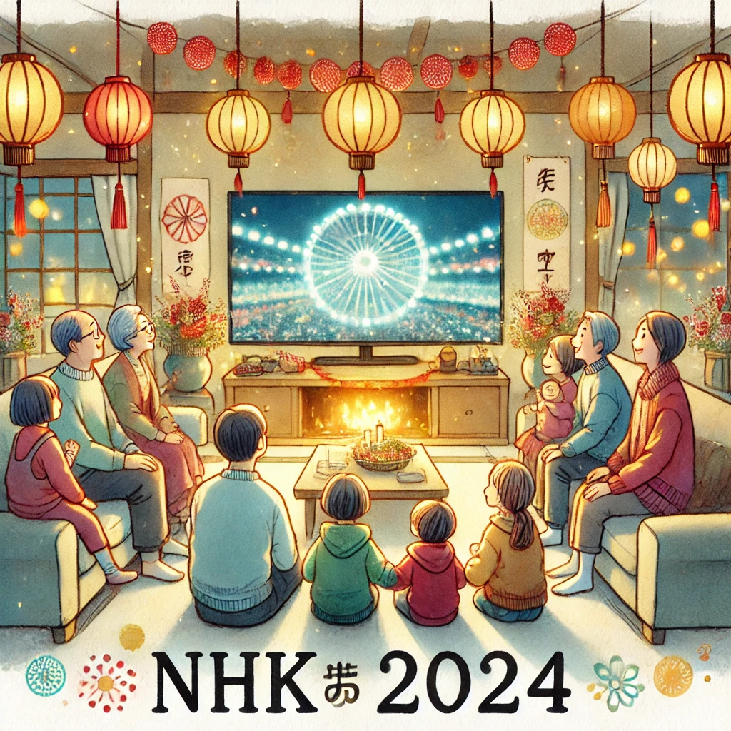 日本語alt属性: NHK紅白歌合戦2024を家族で楽しむ様子を描いた、暖かいリビングルームでの多世代の家族が団らんする水彩画風イラスト。