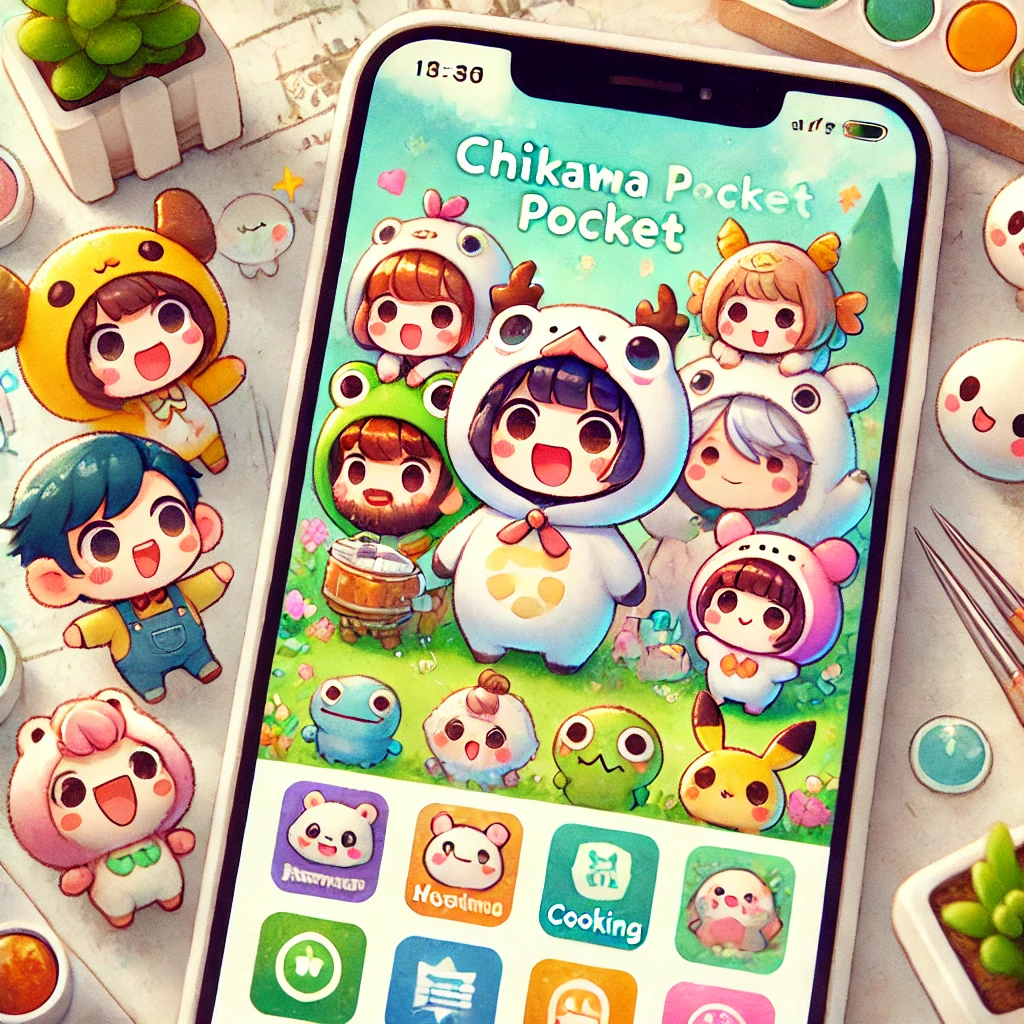 「ちいかわキャラクターたちがスマホアプリ『ちいかわぽけっと』の画面に集まり、討伐や料理、カスタマイズを楽しんでいるシーン」