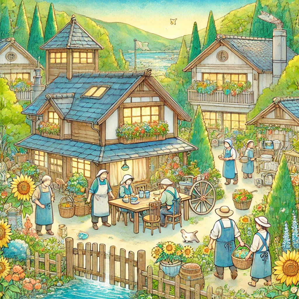 親族が子供と遊んでいる場面を描いた水彩画風のイラスト。大人が子供と一緒に積み木で遊んでいるシーンを描写し、温かみと親しみを感じるタッチで表現している